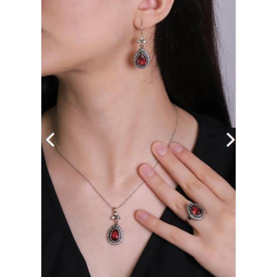 Didar Sultan Series Ruby Stone Set Drop Silver Тройной женский комплект украшений
