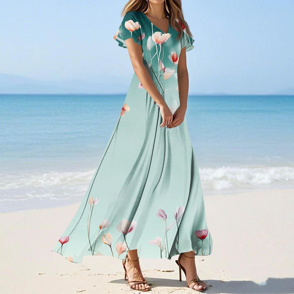 Women's Casual Fashion Print Long Dresses V-Neck Short Sleeve Dresses