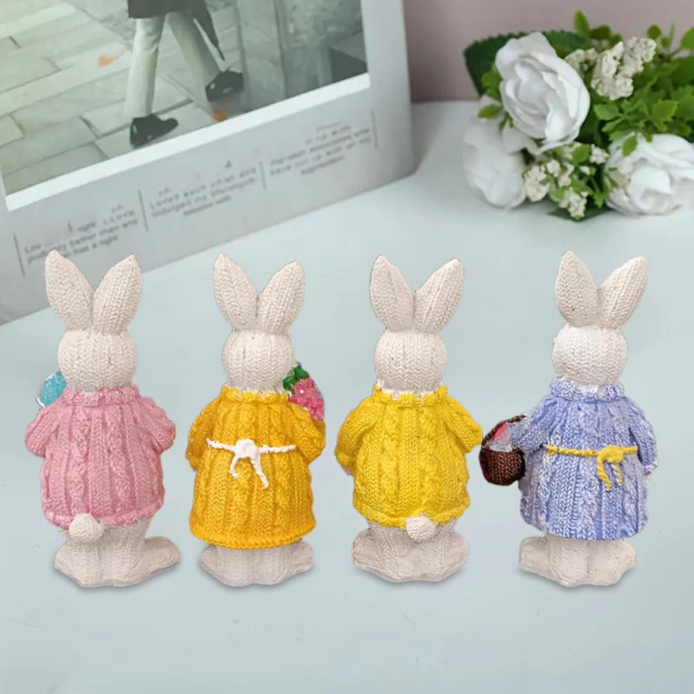 4Pcs Easter Bunny Figurine Holding Flower Egg Knitted Sweater Rabbit Statue Spring Easter Holiday Party Decoration Ornament