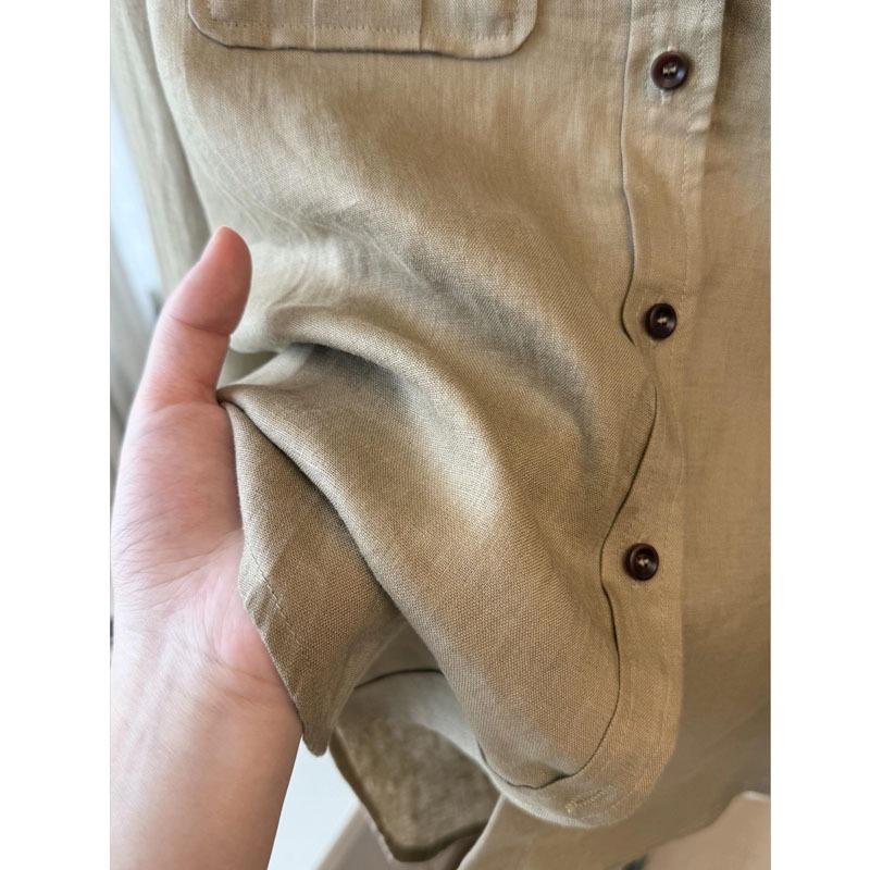 Настоятельно рекомендуется! Женская ретро-рубашка из хаки льна с эстетикой «старых денег» и карманом в стиле американской рабочей одежды.