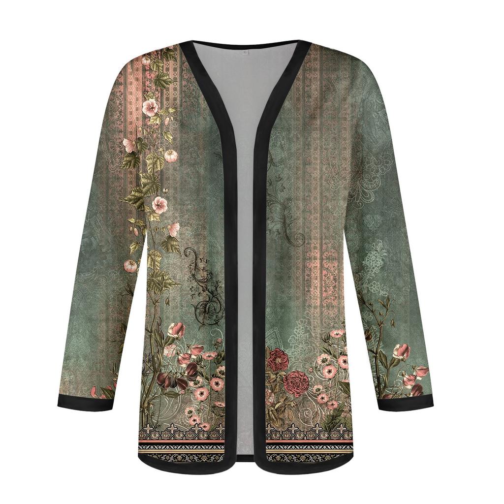 Women's Fall And Winter Fashion Casual Printed Long Sleeve Mid-Length Cardigan Jacket