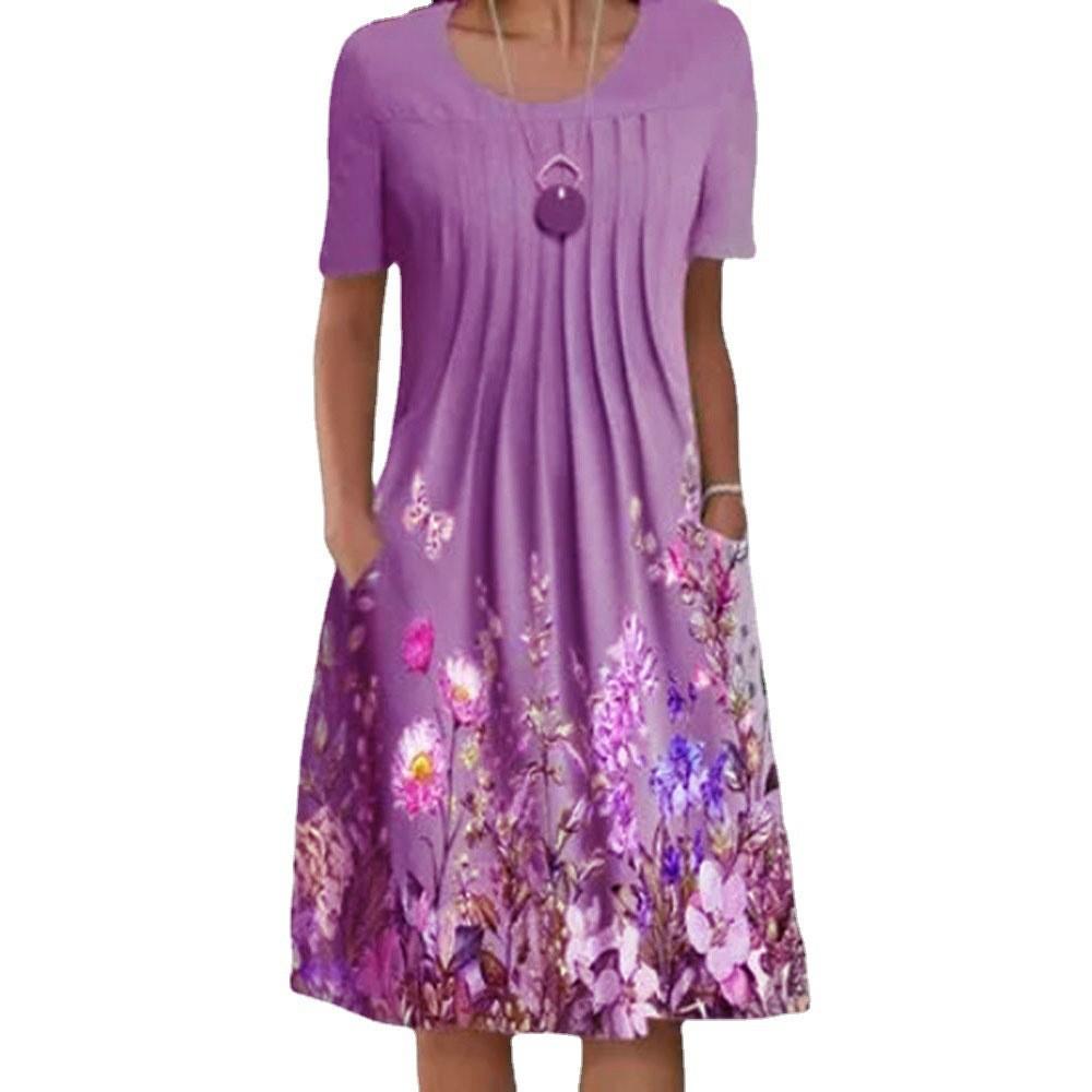 Женское платье с круглым вырезом и цветочным принтом, летние платья, платье миди с коротким рукавом