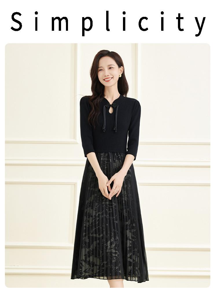 [New Chinese Style] Winter Chinese style buckle fashionable patchwork printed women's dress