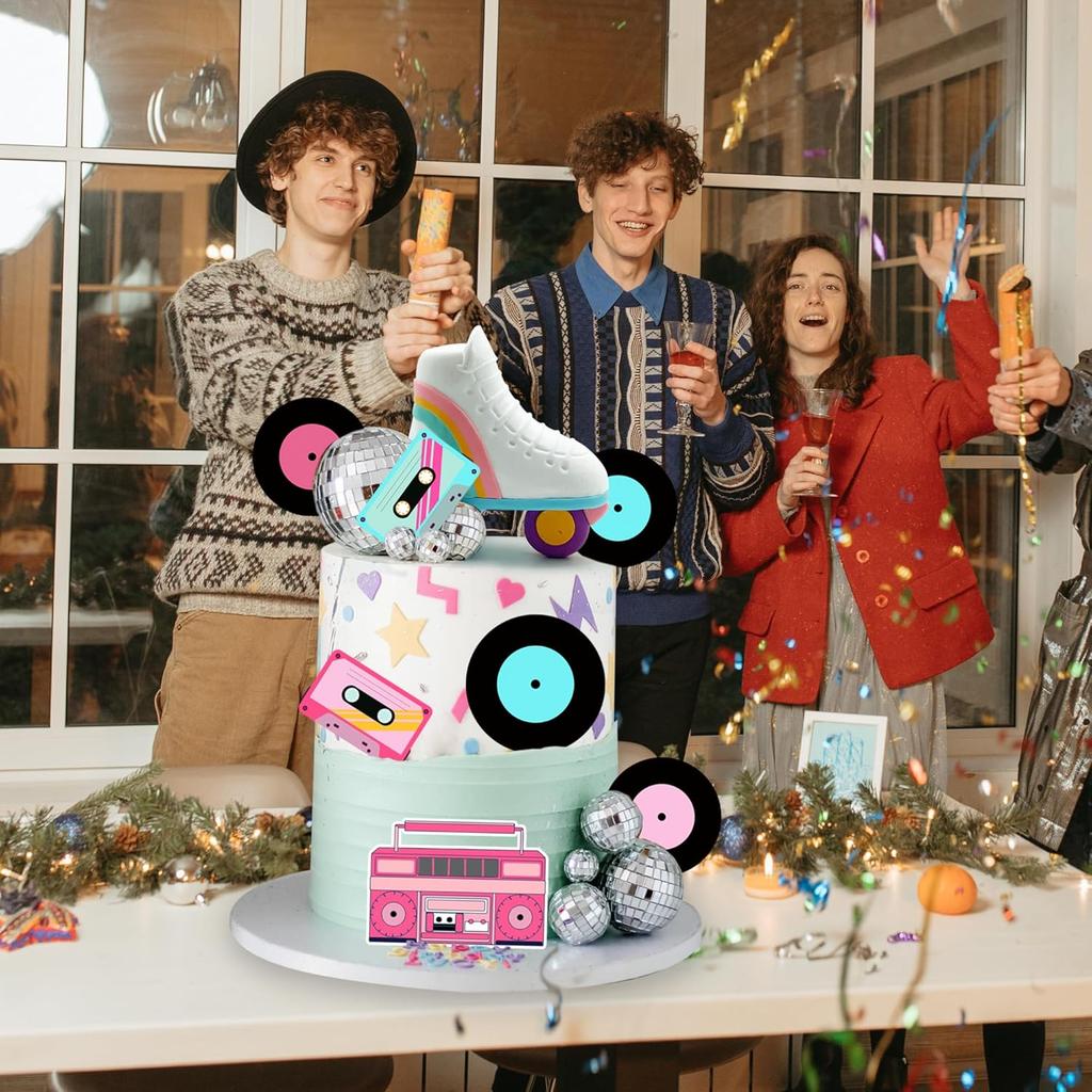 20 шт., фигурки на торт в виде роликовых коньков, диско-шар, фигурки на торт в стиле ретро, украшение для торта на тему хип-хопа для тематической вечеринки на тему катания на коньках 80-х и 90-х годов