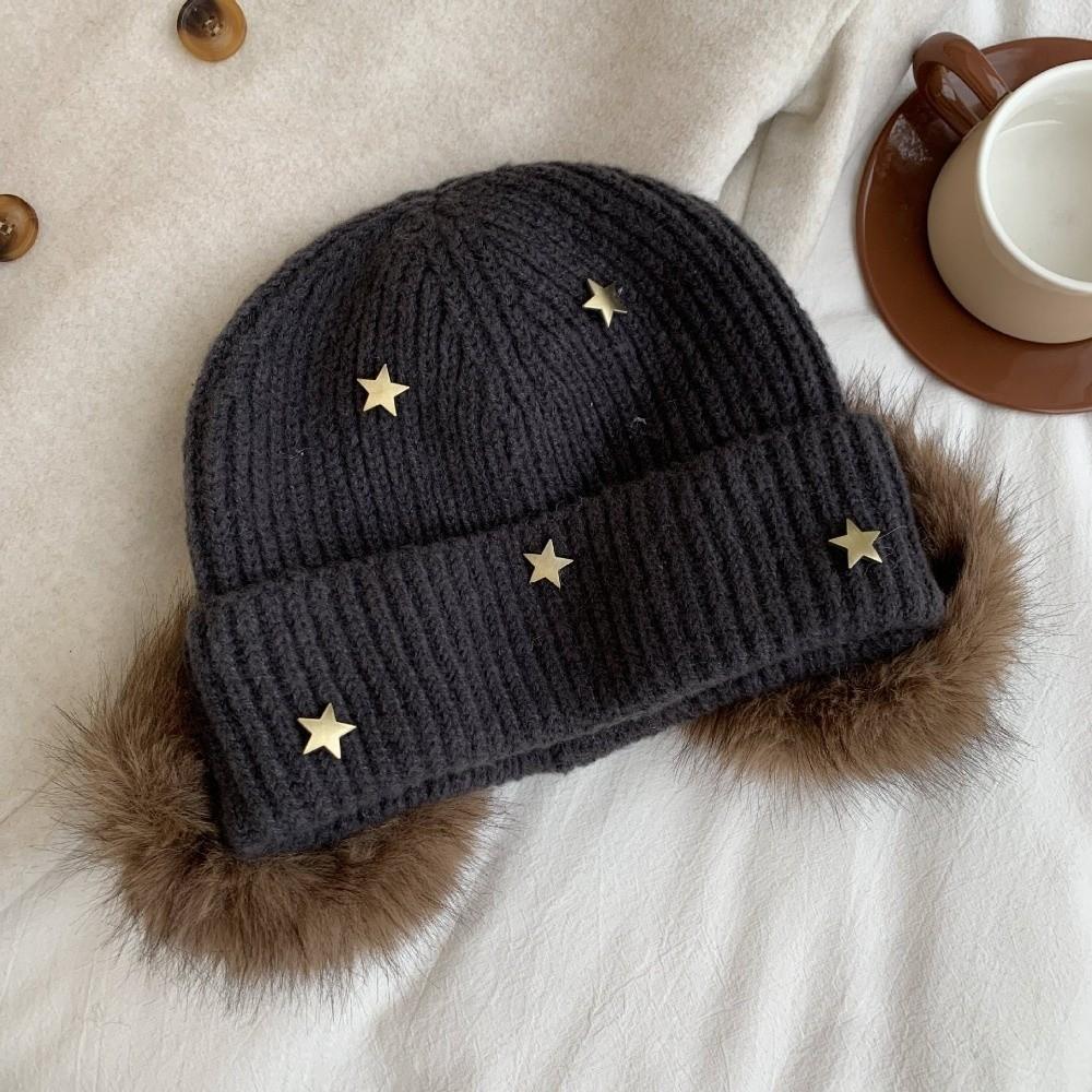 Ear Protection Star Knitted Beanie Hat Cuffed Design Thick Warm Beanie Outdoor Wear