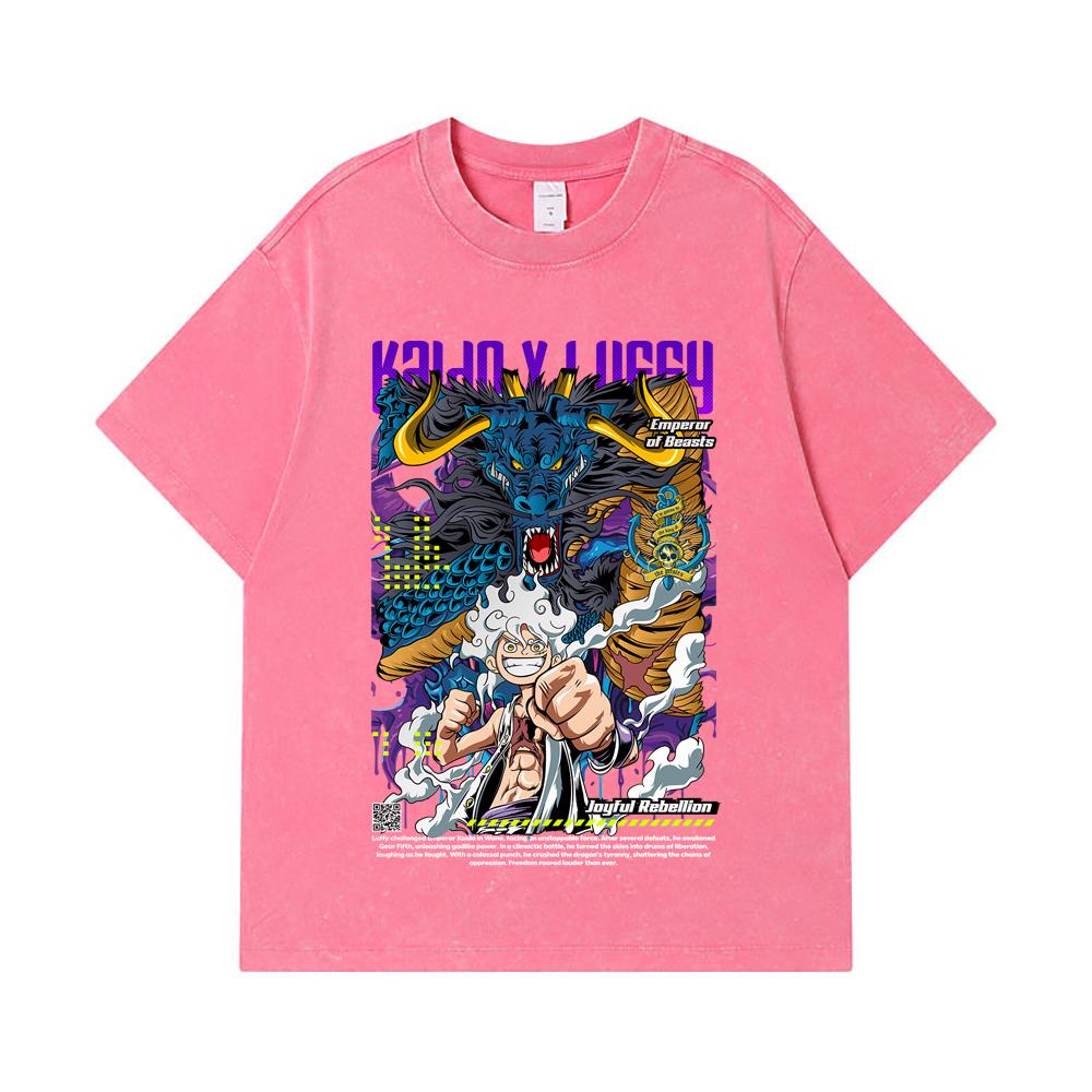 Стиранные футболки 275 г/м² 100% Хлопок One Piece V35 Принт Luffy Kaido Унисекс Тяжелая Хлопковая Футболка
