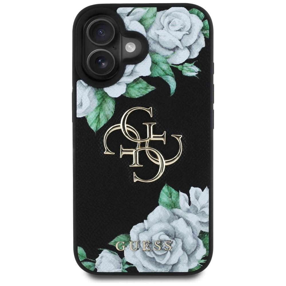 Guess Grained Roses Big 4G logo case for iPhone 16 black