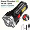5LED Rechargeable High Power Flashlight with Side Light Waterproof Outdoor Spotlight with 4 Lighting Modes for Camping and Adventure