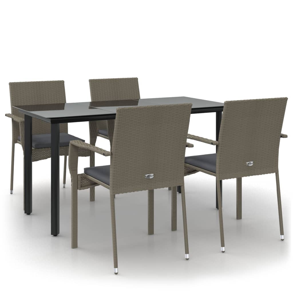 5 Piece Garden Dining Set with Cushions Black and Gray Poly Rattan