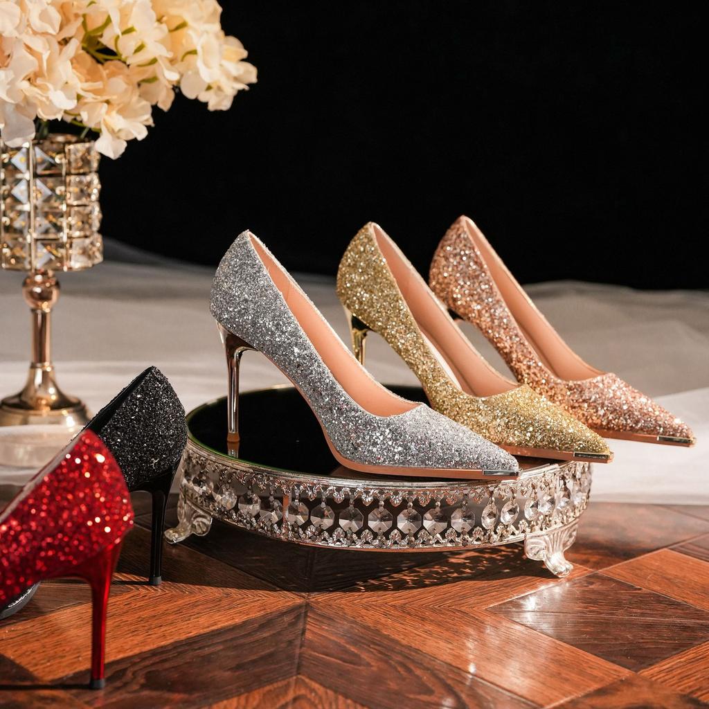Блестки Металлическая головка Свадебные туфли Банкетное платье Высокие каблуки Женские роскошные женские туфли премиум-класса Универсальные тонкие каблуки с острым носком