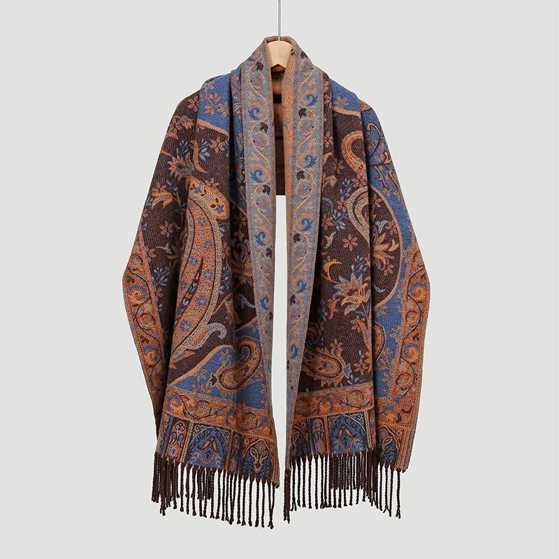 Thick Ethnic Flowers Pashmina Autumn Warm Shawls Tassel Blanket Wrap Cashmere Scarf for Women Poncho Stoles Scarves Bufanda