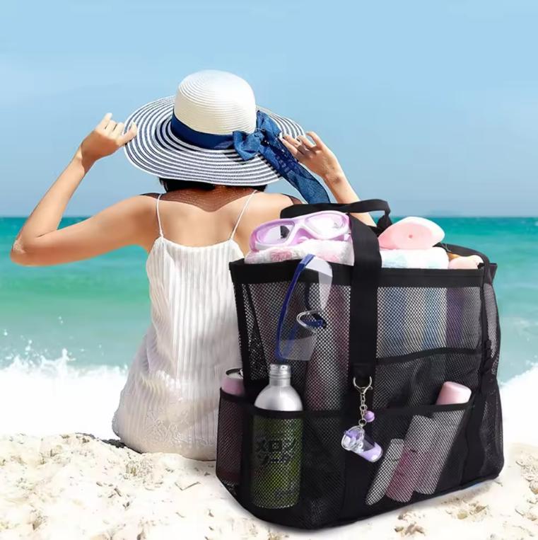 Mesh Beach Bag Multi-Pocket Organizer Handbag Shoulder Beach Bag Large-Capacity Portable Tote Bags For Vacation Organizing