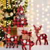 4Pcs Wooden Christmas Deer Ornament 3D Exquisite Red Plaid Reindeer Ornament Decorative Snowflake Reindeer Decorations