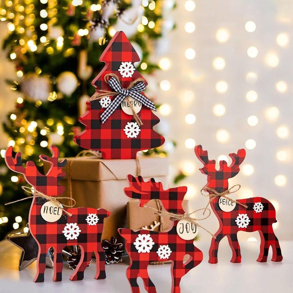 4Pcs Wooden Christmas Deer Ornament 3D Exquisite Red Plaid Reindeer Ornament Decorative Snowflake Reindeer Decorations