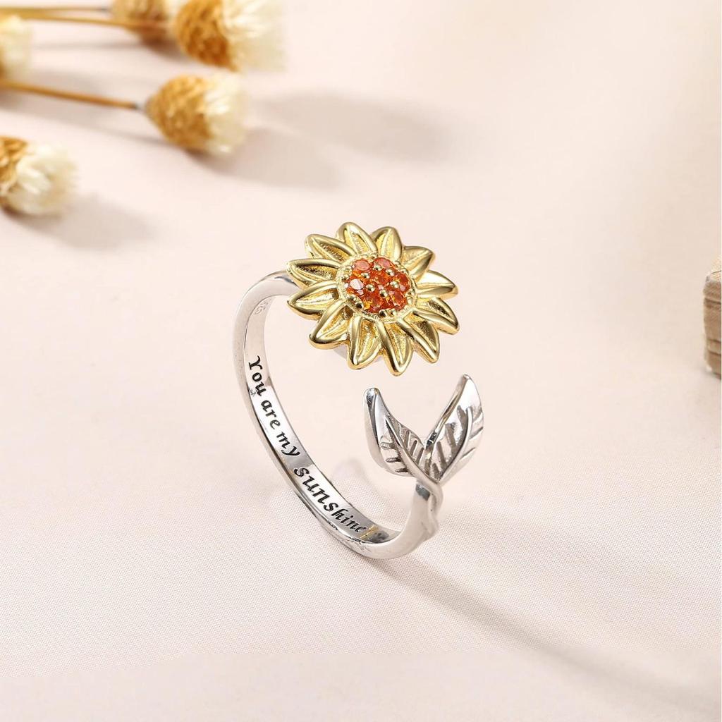 Women's Sunflower Diamond Bee Rotating Anti-stress Open Ring