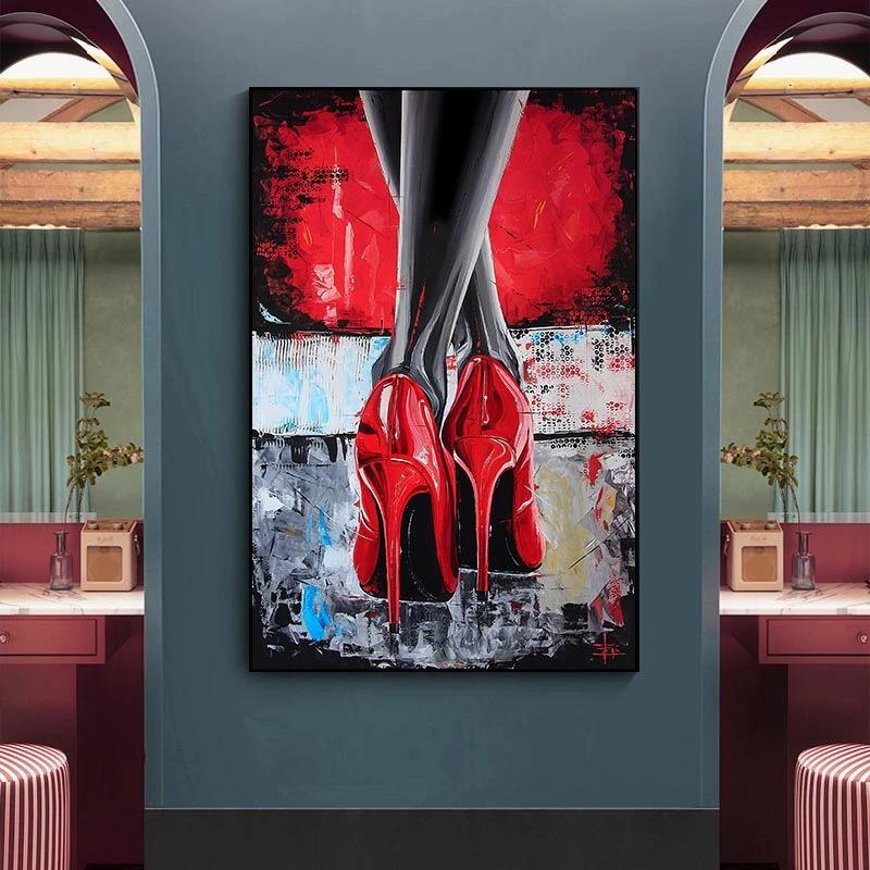 Современная мода сексуальные красные туфли на высоком каблуке женские ноги искусство постер холст картина настенная печать картина гостиная домашний декор Cuadros
