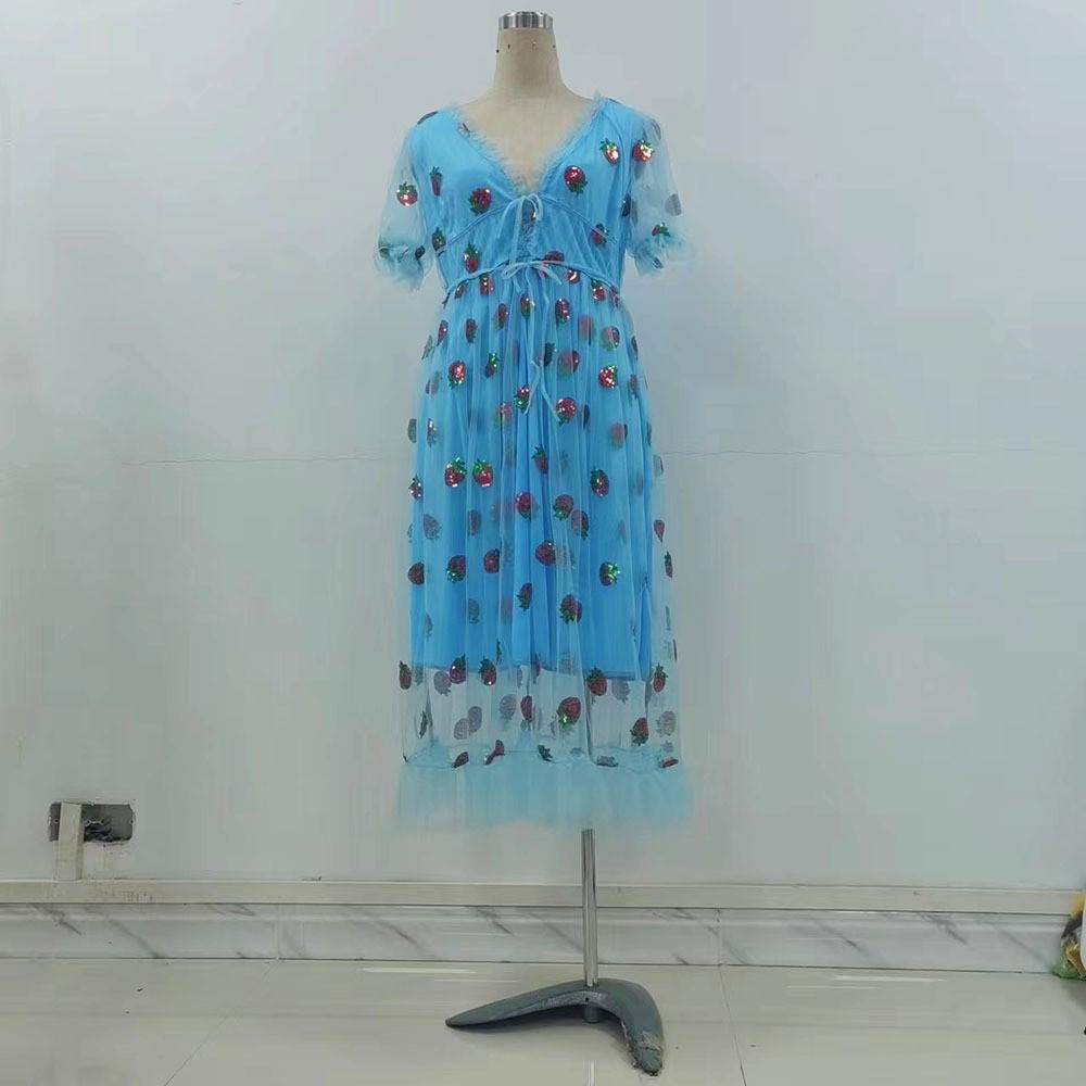 2025 Европейско-американское двухцветное платье-сетка с плиссировкой цвета французской клубники, расшитое пайетками