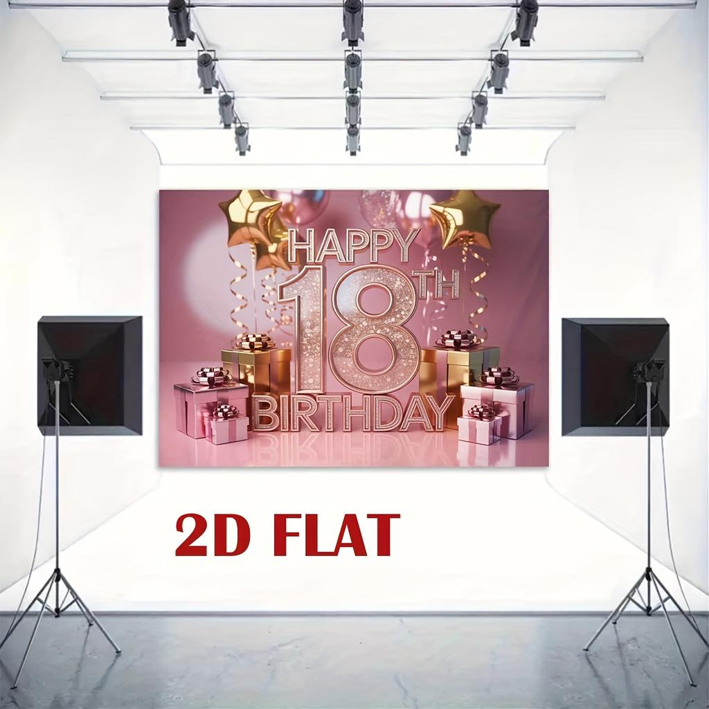 2D flat surface 1 piece of ornate pink Happy 18th Birthday themed background fabric used for decoration at birthday parties