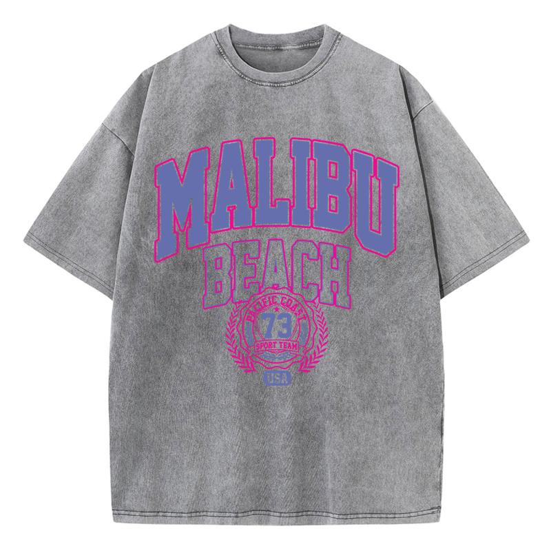 Vintage Woman Acid Wash T-Shirts Malibu Beach Pacific Coast Sport Team Prints Tops Crewneck Cotton Oversize Tees Clothes