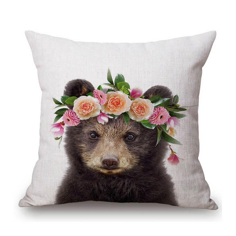 Lovely Cute Baby Animals Flower Wreath Giraffe Tiger Bunny Children Room Decative Sofa Pillow Case Cotton Linen Cushion Cover