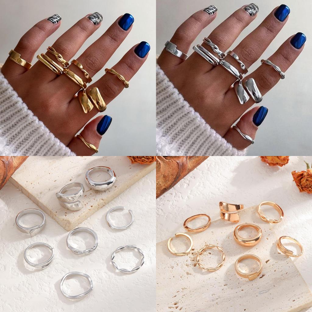 Geometric Metal Ring Set For Women With Electroplated Finish For Fashionable Summer Wear