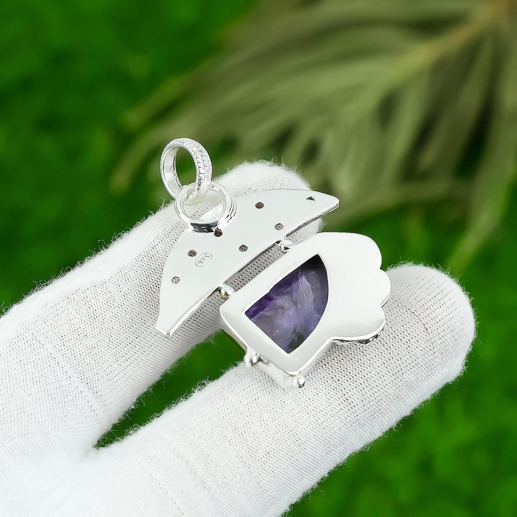 925 Silver Trillion Russian Charoite Stone Bezel Sister Elegant Art Deco Pendant