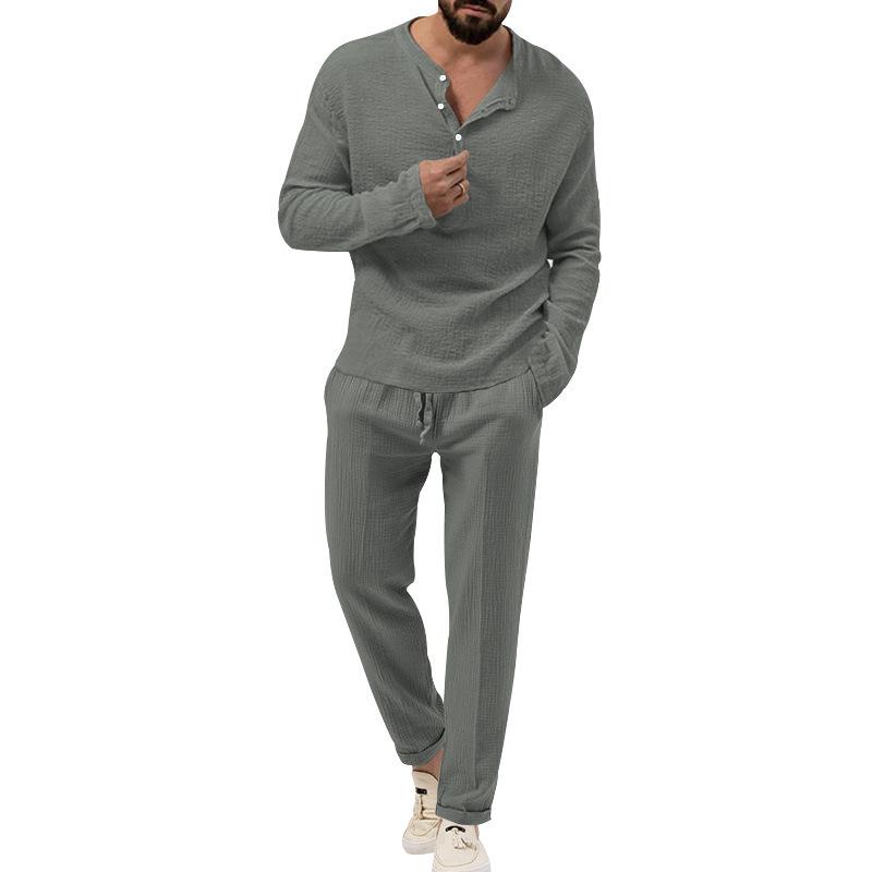 Men's Spring and Autumn 2 Piece Long Sleeve Shirt and Long Pants Set Casual Solid Stand Collar Drawstring Tracksuit