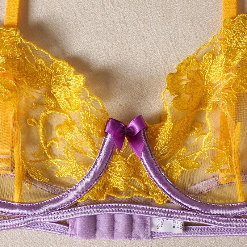 Новый популярный высококачественный женский комплект нижнего белья: кружевной бюстгальтер с вышивкой цветов, прозрачные сексуальные трусики с бантом