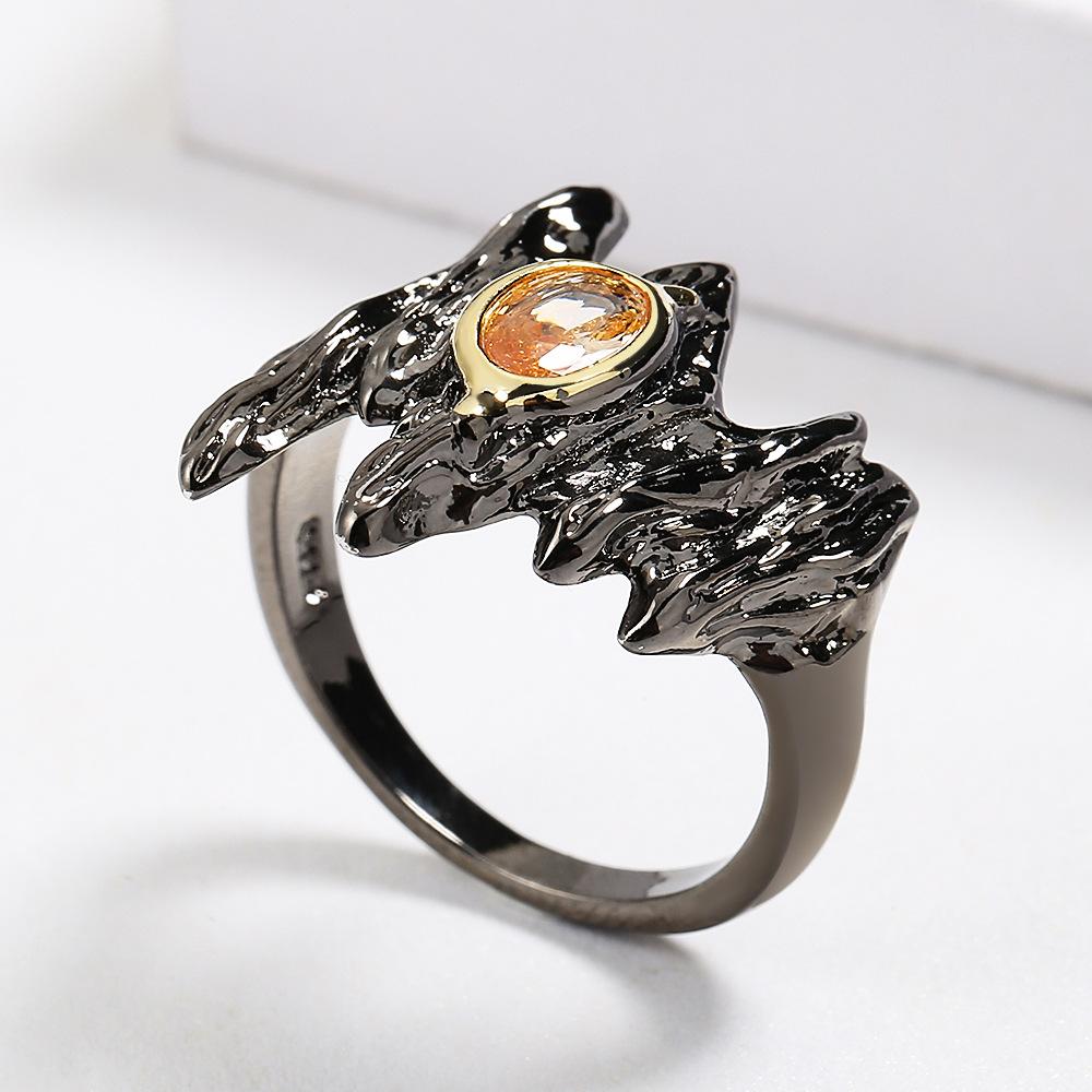 Punk Style Inlaid Amber Zircon Ring for Women's Creative Black and Gold Two-color Jewelry Irregular Hill Shape Party Ring