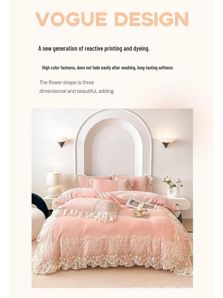 Корейский принцессный комплект из 4 предметов из молочного бархата с кружевной отделкой: Антистатичные простыни и пододеяльник из кораллового флиса