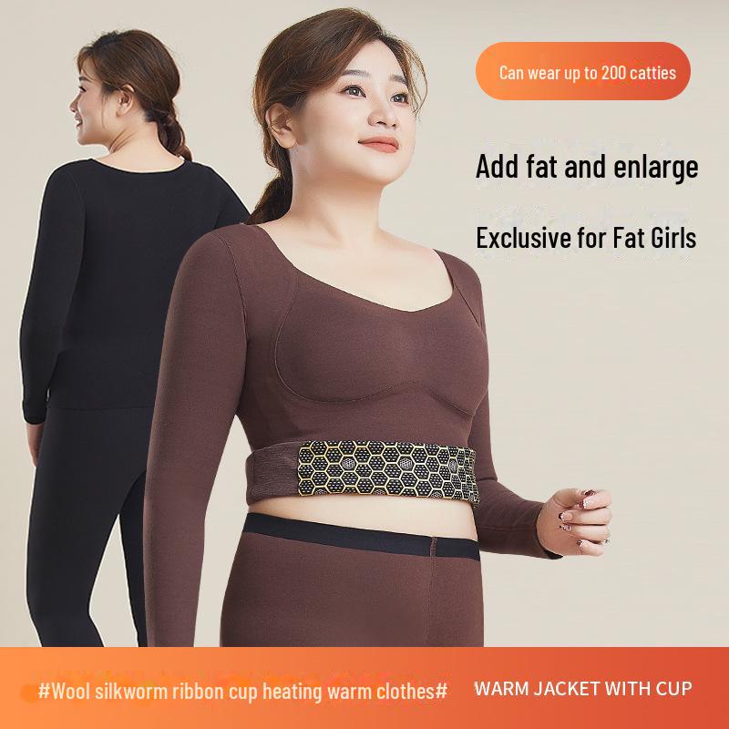 «8829 Женское термобелье из шерсти, шелка и бархата больших размеров с нагрудной накладкой — топ с длинным рукавом»