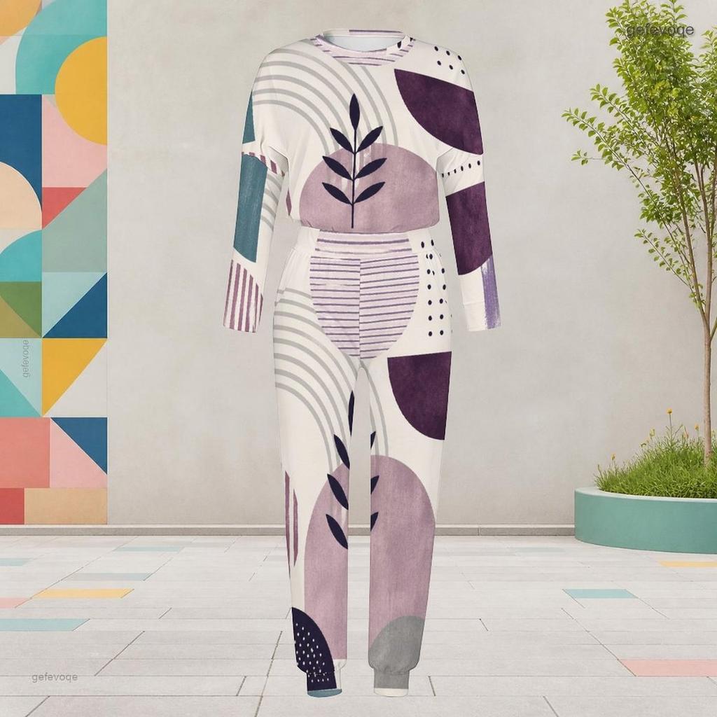 Women Plus Size Round Neck Long Sleeve Printed Top Cuffed Pants With Pockets Two Piece Set