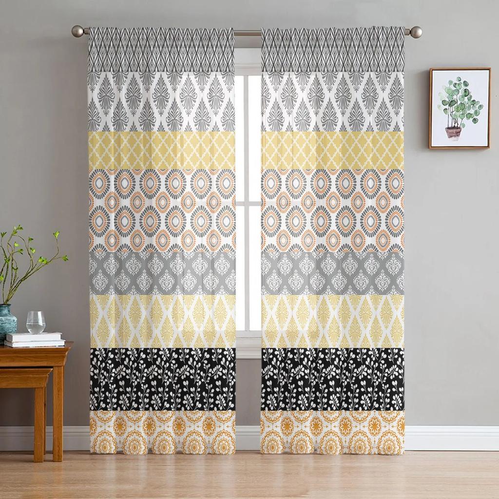 Желто-серые полосатые тюлевые шторы с геометрическим рисунком для гостиной, кухни, современные оконные занавески из вуали