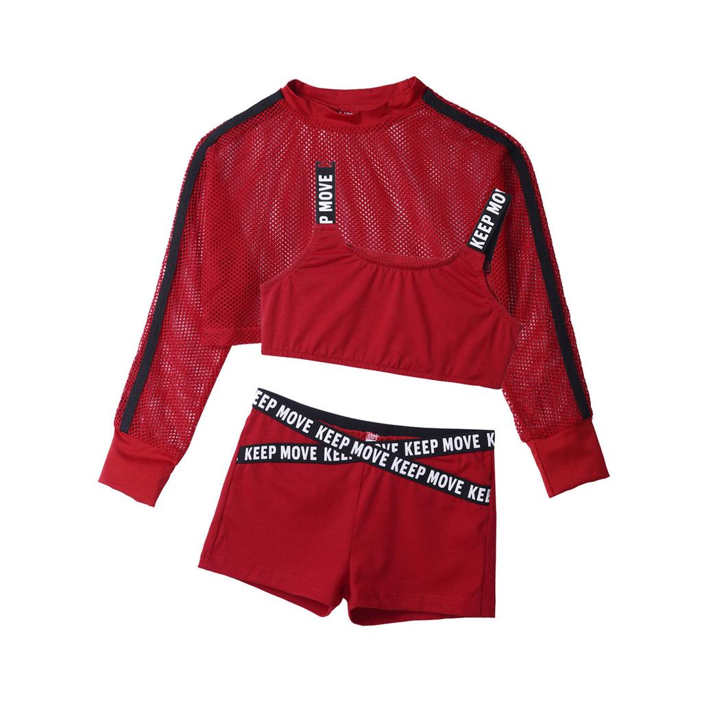 Крутые танцевальные наряды в стиле хип-хоп для девочек, комплект из 3 предметов, короткая сетчатая блузка для тренировок с топом на бретелях и шортами для мальчиков, одежда для уличных танцев