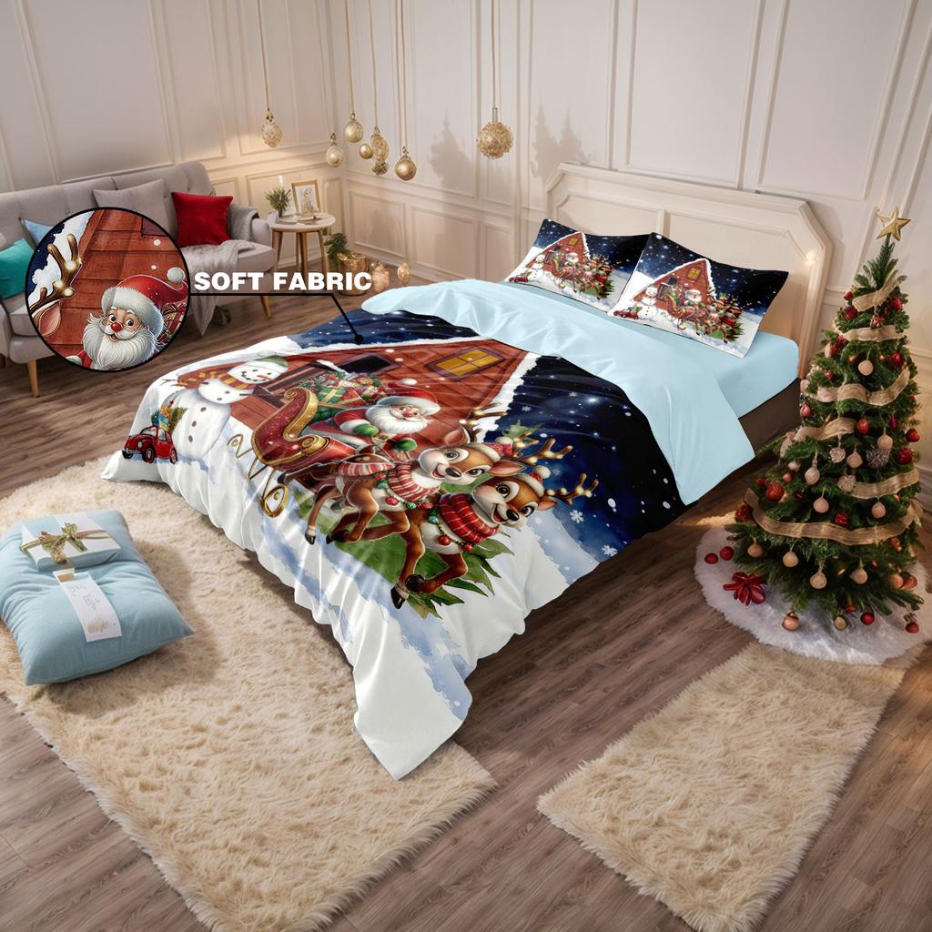 Comforter 3Pc Christmas House Print Coreless Duvet Set Multi Size Bedroom Holiday Dormitory Bedding Decoration Softmachine Washable