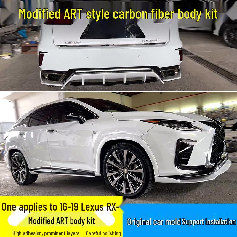 Совместимо с Lexus RX 2016-2019: передние/задние губы, боковые юбки, нижняя губа, пластиковые накладки на крылья, крыша ART, заднее антикрыло и канард.