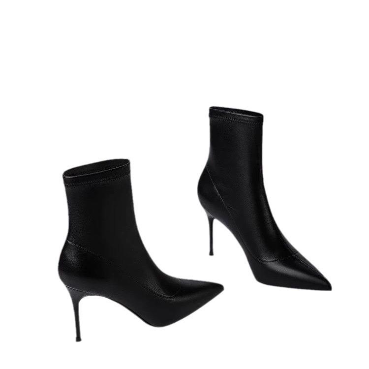 2024 Fashion Pointed Short Boots Leather Stiletto Boots Suede Solid Color Sleeve Boots Women's Single Boots Autumn and Winter