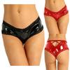Women Sexy Lingerie Wet Look Patent Leather Open Crotch V-Back Briefs Underwear