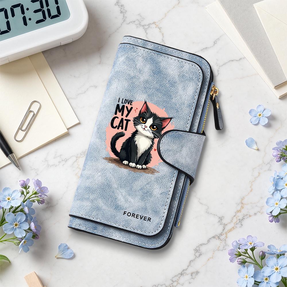 Cute Cat Print Purse Fashion Ladies Long Wallet Portable Card Holder Lovely Gift for Cat Lovers