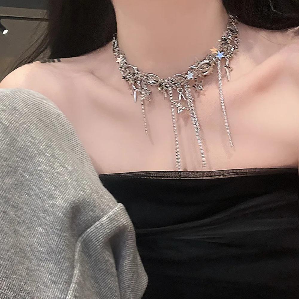 Electroplating Fashion Inlaid Rhinestone Necklace Alloy Charm Necklace Y2k Style Tassels Necklace