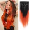 7 штук на заколках, короткие прямые синтетические накладные волосы, цвет черный с оранжевым омбре, для ежедневного использования девочками