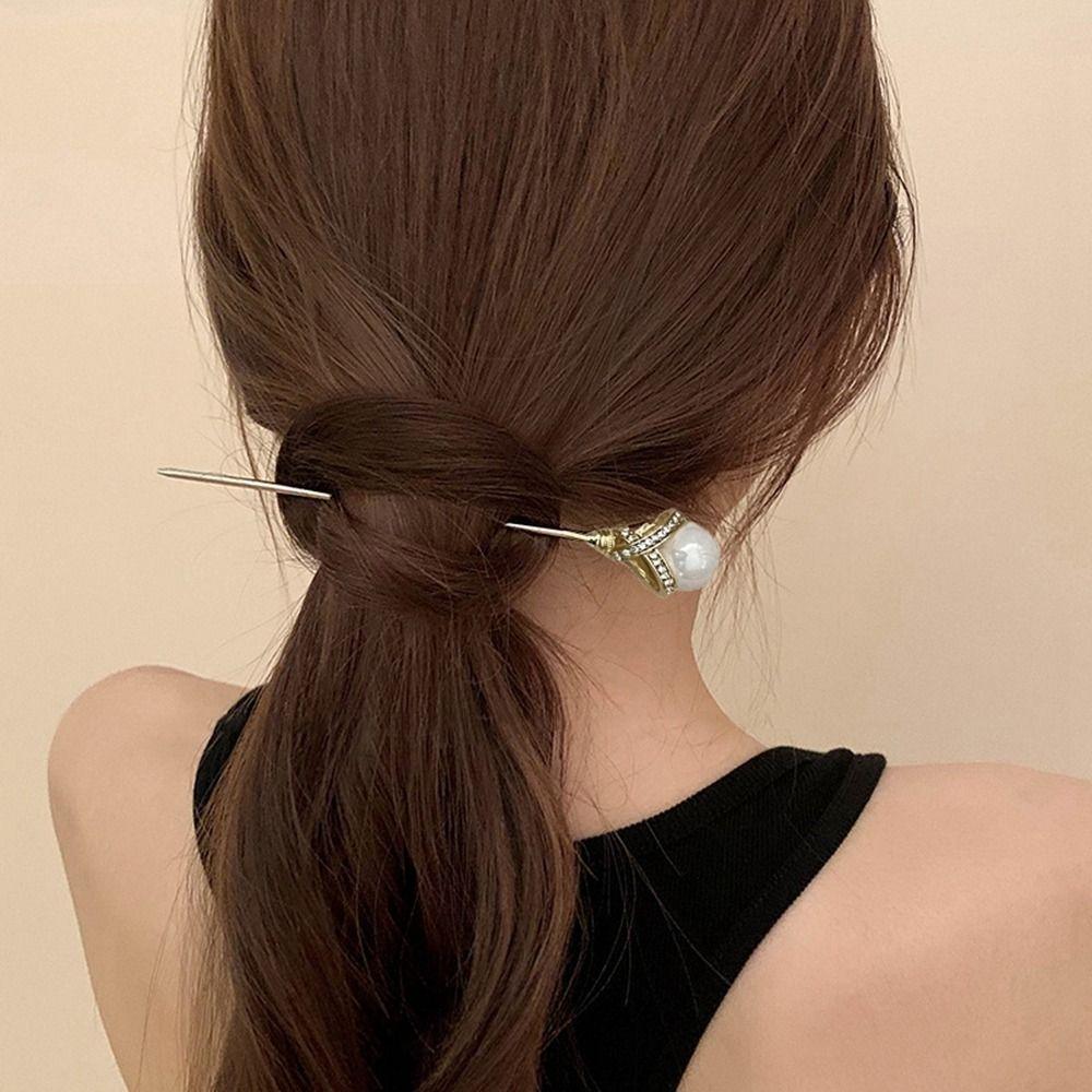 Silver Rhinestone Hair Stick Metal Pearl Hairpin Classical   Hairstyle Design Tool