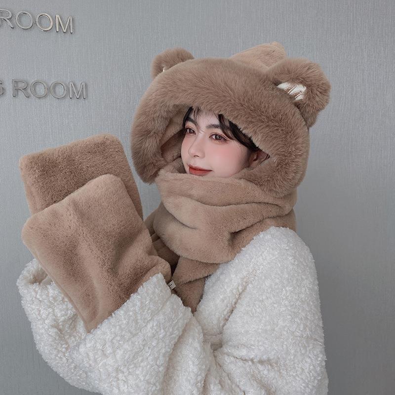 Hat Female Autumn and Winter Warm Knitted Wool Snow Hat Cycling Mother Fashion Ear Protection Headgear Scarf Integrated Hat