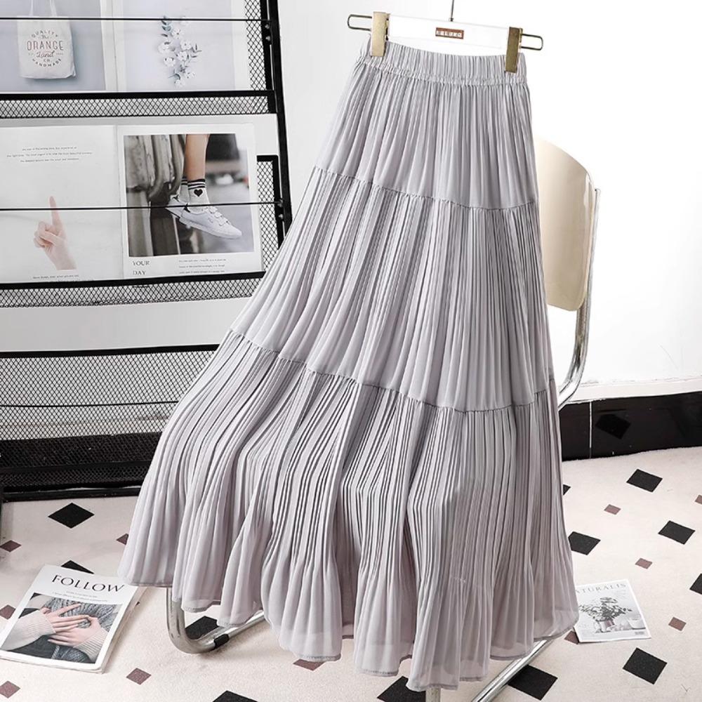 Dimanaf 2025 Summer Women New Skirts Chiffon Solid Elastic Waist Pleated Mesh Elegant Skirts