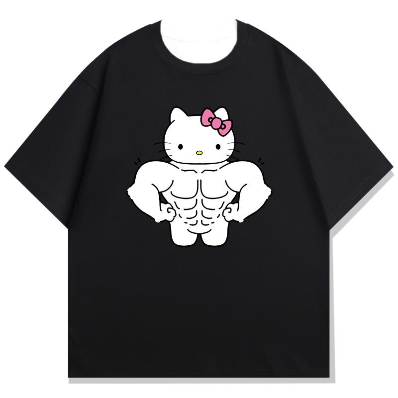 Hello Kitty Fitness Theme Printed Childrens Tshirt Loose Casual Round Neck Parent Child Short Sleeve 2026 Summer New Style