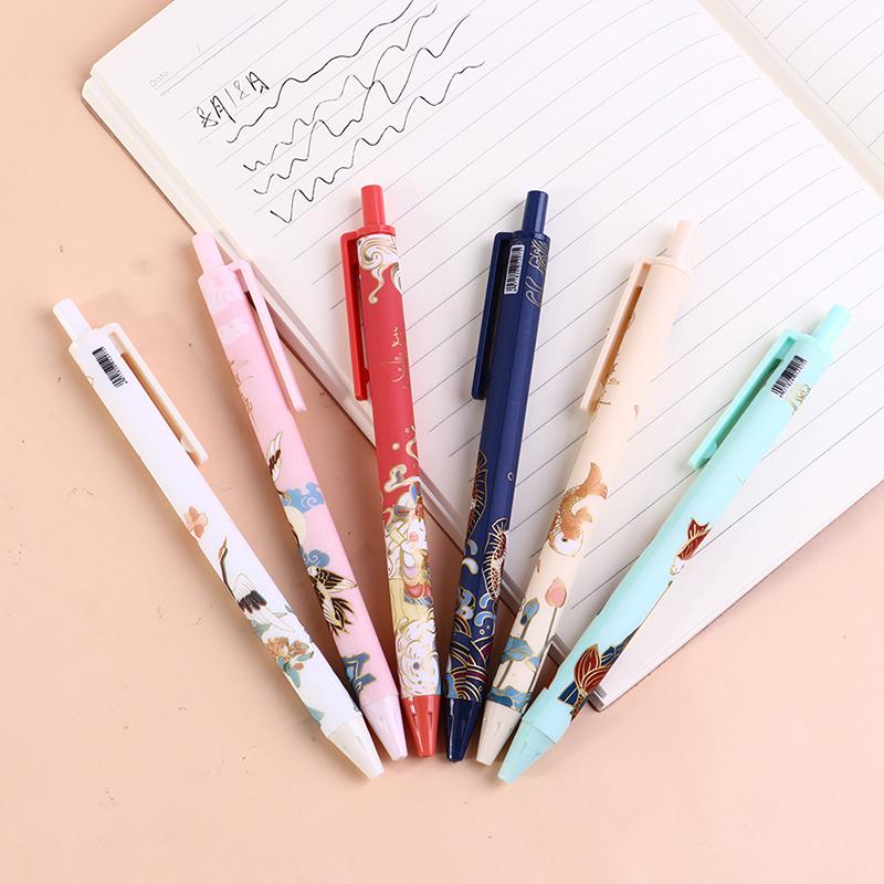 6Pcs/Set Cute Chinese Style Retractable Gel Pen Black Ink Signature Writing Pen