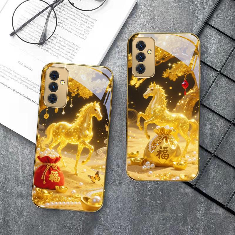 Золотая счастливая лошадь Для Samsung Galaxy S 21 S22 S23 Plus S24 Ultra S20 FE 25Ultra S21+ S9+ 22Plus Золотой стеклянный чехол для телефона