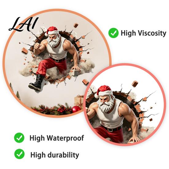 Seasonal Window Decorations Muscle Santa Claus Break Through Wall Christmas Decal 3D Cracked Brick Decals Self‑Adhesive Sticker Funny Mural