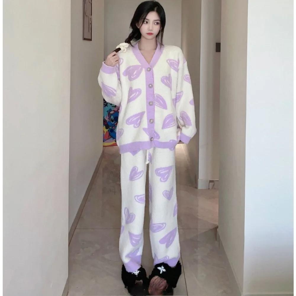 Пижамы для женщин на осень и зиму New Love Cardigan Домашняя одежда Полубархатная мягкая домашняя одежда для верхней одежды