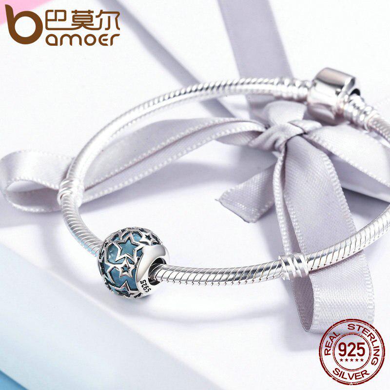 Браслет и колье BAMOER из стерлингового серебра 925 пробы с сияющими сердечками, небесно-голубыми кристаллами и прозрачным цирконием